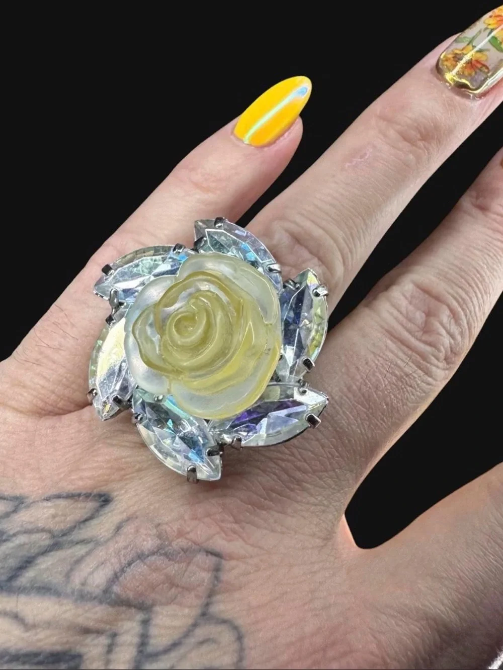 Yellow Rose sparkle Statement Ring - Women Jewelry rhinestones silver tone
